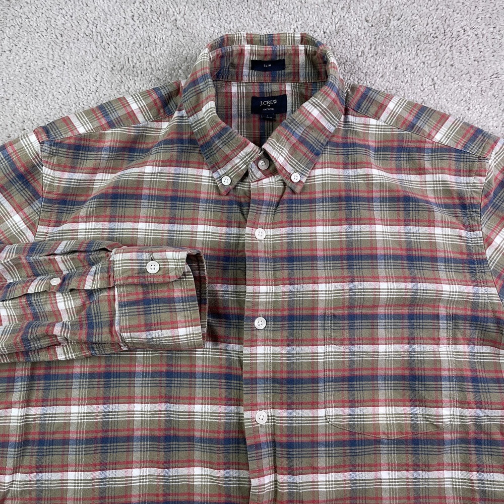 J Crew Shirt Mens Large Tan Blue Plaid Oxfordβ Button Down OCBD Slim Fit